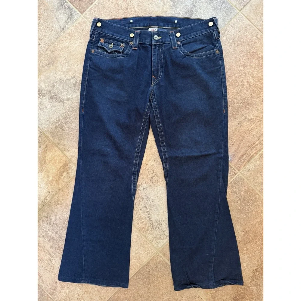 Men's Vintage Y2K True Religion-Made In USA-Orange Big T Jeans Row 36 Seat 34